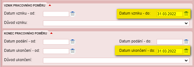 Formulář Podmínky vyhledání Pracovní poměry - do 03 2022