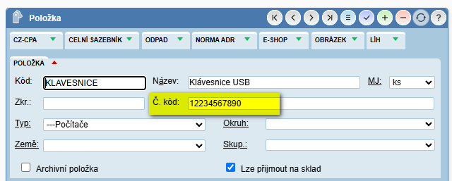 WAK INTRA - katalog položek-čárový kód