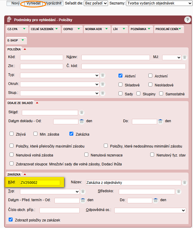 tvorba vydanych objednavek polozky