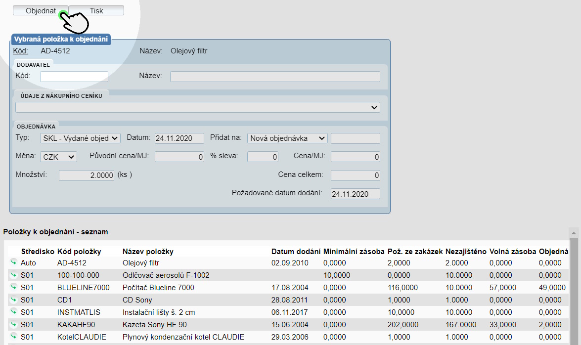 wakintra pruvodce polozky chybejici ve skladu nutne k objednani article